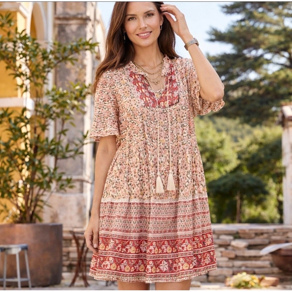 Sundance Red Pink Floral Boho Tiered Mini Dress XL Cottagecore Peasant Tassel XL
